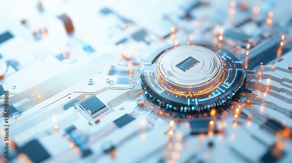 Poster close up of computer circuit board with glowing details