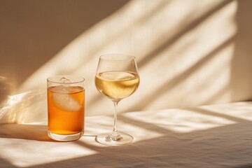 Two elegant glasses containing beverages with sunlight shadows on display