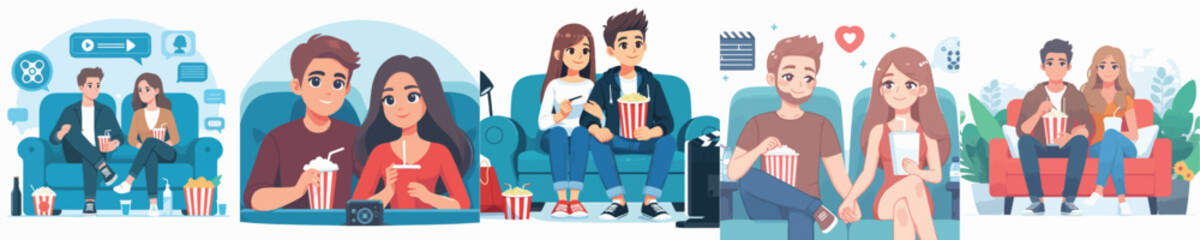 Vector of a couple on a date watching a movie at the cinema.