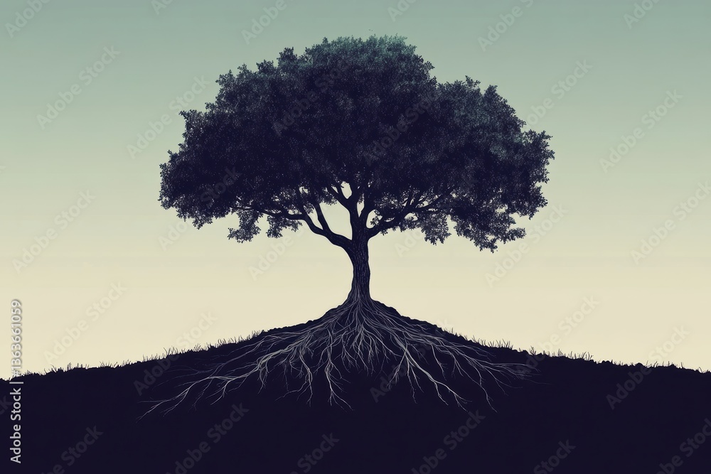 Poster this layout features a large tree with extensive roots, set against a serene gradient sky