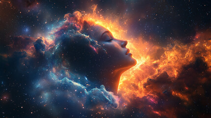 Obraz premium Ethereal Cosmic Beauty: A Woman’s Profile Surrounded by Vibrant Nebulae and Twinkling Stars