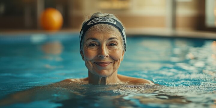 Older woman enjoys swimming in a pool during indoor aquatic exercise session in the morning