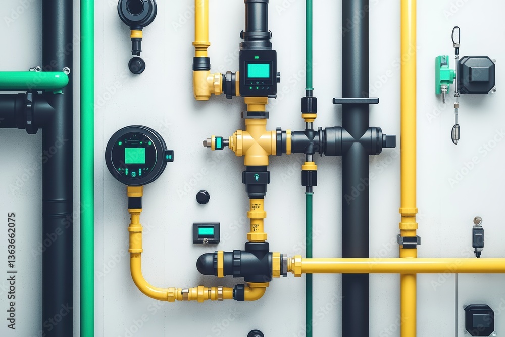 Poster graphic design for water management showcasing pipeline layouts and monitoring devices