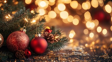 Warm fairy lights illuminate festive decorations with red and gold ornaments against a dreamy background