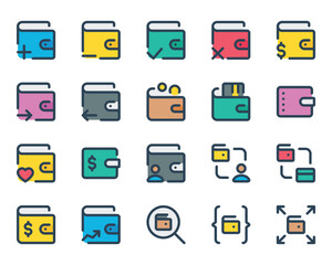 Filled outline icons set for Wallet, purse, savings, cash.