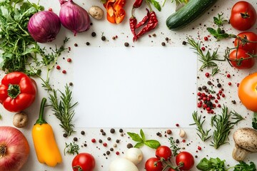 Blank paper surrounded by fresh vegetables and herbs.