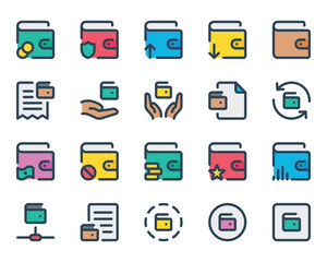 Fototapeta premium Filled outline icons set for Wallet, purse, savings, cash.