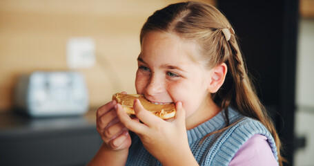 Eating, happy and child with toast in morning for breakfast in home for nutrition, diet or...