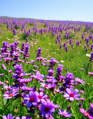 Obraz premium A vibrant meadow awash in purple and pink wildflowers, stretching to a clear blue sky, outdoor, royalty free