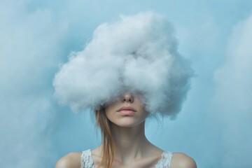 Creative graphic layout featuring a woman with a cloud covering her face in a blue background