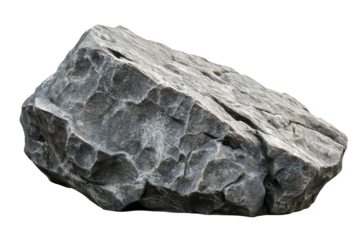 A large gray rock with a rough surface and angular edges isolated on a transparent background