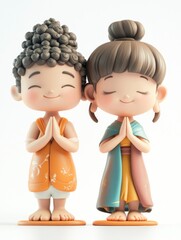 Buddha and Monk Figurine Cartoon Praying Together with Eyes Closed