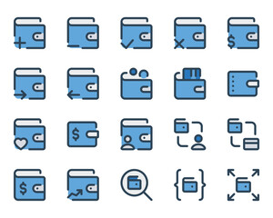 Filled blue outline icons set for Wallet, purse, savings, cash.