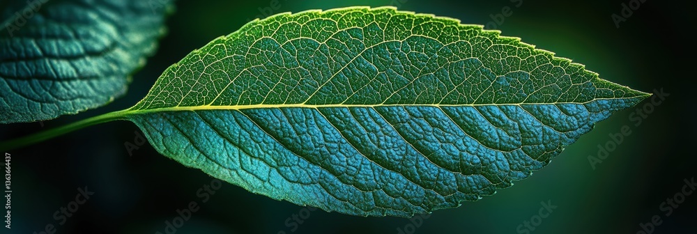 Poster close-up view of a green leaf highlighting intricate veins and cellular structure