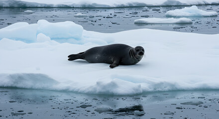 Naklejka premium Solitary Hooded Seal Lounging on a Frigid Ice Floe in Arctic Waters Glimpse