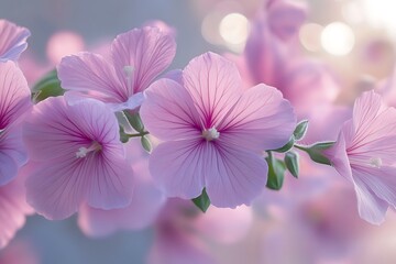 Fototapeta premium Several delicate pink flowers bloom in the soft sunlight of a garden