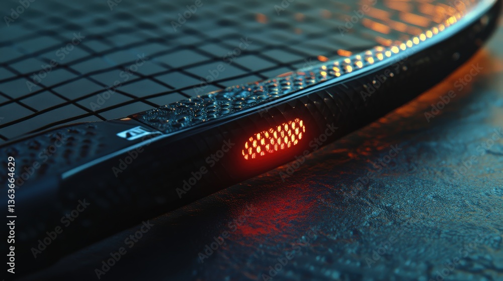 Poster close up of a dark futuristic surface with red lights showing