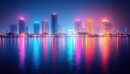 Fototapeta premium Night cityscape reflection on calm water, vibrant buildings illuminated, colorful lights, tranquil scene, modern architecture, urban beauty, night photography
