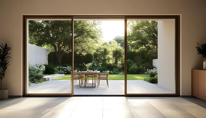 Fototapeta premium Aesthetic minimalist home entrance with large glass sliding doors. Dining table with chairs on patio outside. Garden view. Sunny modern interior. Light neutral beige colors and lot of copy space.
