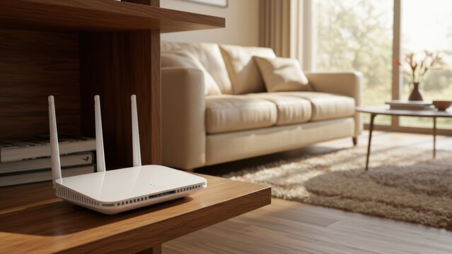 Cozy living room with modern router on shelf and comfy couch in background