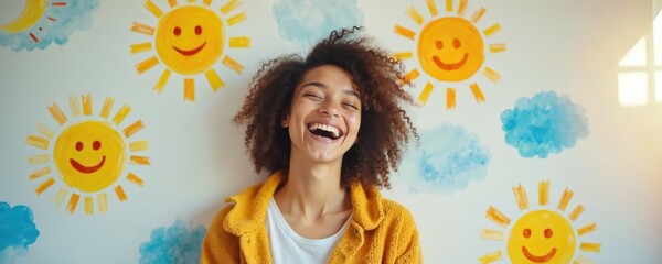 Young woman laughs joyfully. Expressing positive emotion, good mood, mental health. Smiling girl chooses positive thinking, happiness, satisfaction, feedback, assessment, excellent quality. Mental