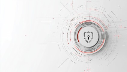 A white background with gray and red lines, creating an abstract circular pattern around the center of security technology elements such as shield or keyhole icons Generative AI