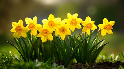 Fototapeta premium Close-up of vibrant yellow daffodils in full bloom, illuminated by sunlight in a garden setting.