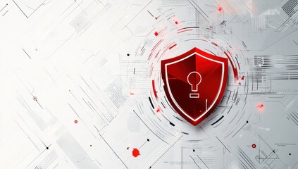 Fototapeta premium Abstract security technology background with a red outline of a shield symbol on a white and grey tech banner for website design, business, and web development Generative AI