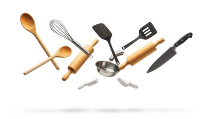 Fototapeta premium Floating kitchen utensils: spoons, whisk, spatulas, rolling pin, knife, and pot.