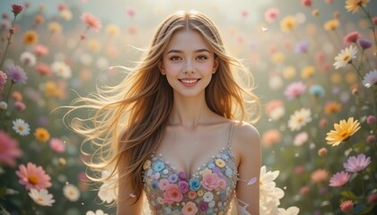 Fototapeta premium Charming young woman surrounded in a bliss of blooming flowers of spring