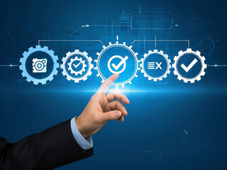 Workflow and flowchart. Business process automation (BPA) technology.  Businessman touching checkmark and gears icon on flowchart.
