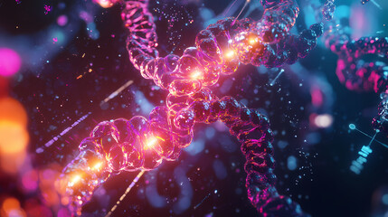 Intricate depiction of folded protein structures, glowing and suspended in mid-air, surrounded by molecular chains and holographic annotations, Suspended Change. Illustration