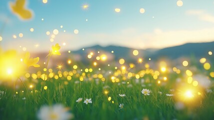 Obraz premium Magical Sunset Meadow Sparkling Lights Yellow White Flowers Green Grass