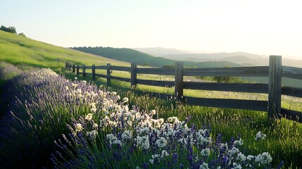 A peaceful landscape featuring a wooden fence and vibrant flowers