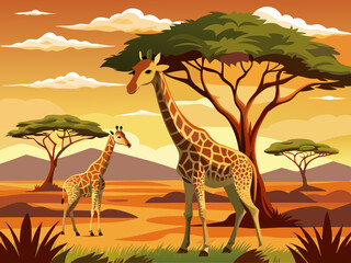 vector of Giraffes (Giraffa camelopardalis) on the savannah plains, Serengeti National Park, Tanzania