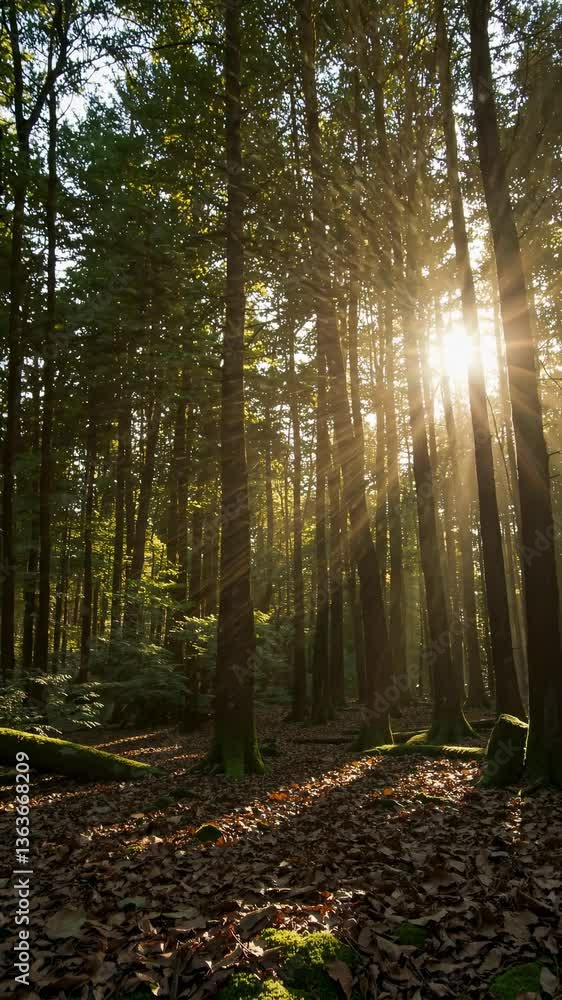 Poster sunlight filters through tall forest trees, casting long shadows on the ground. captured from a low 