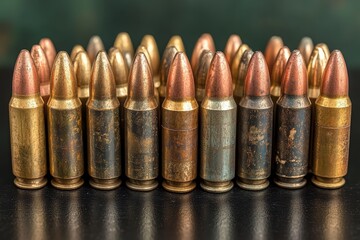 Bullets and ammunition laid out on a dark table for inspection and analysis