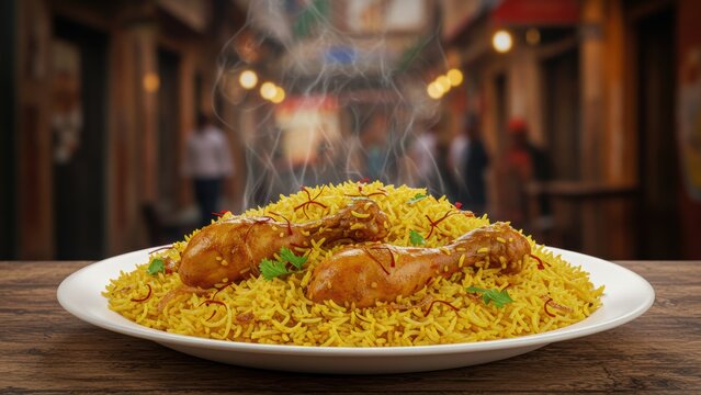 A steaming plate of chicken biryani on a wooden table, delicious and spicy.