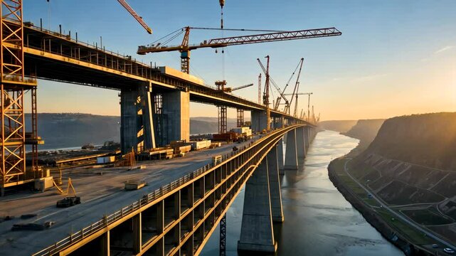Large bridge under construction over river during golden sunset with cranes visible
