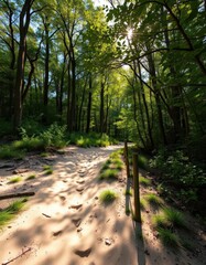 Fototapeta premium Sun-dappled sandy track disappearing into dense woodland, undergrowth, trail, sunlight