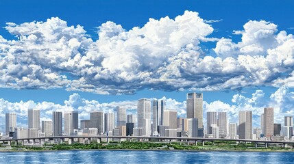 Cityscape, summer, waterfront, highway, clouds,  urban, background, advertising