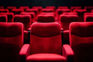 Obraz premium Inside the cinema: Empty rows of luxurious red chairs await an audience