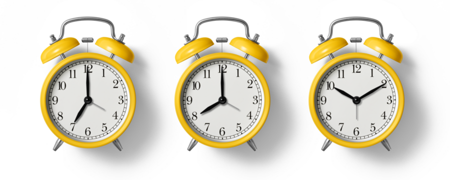 Yellow twin bell Alarm Clock analog classic vintage retro style, isolated on a transparent background, PNG. High resolution. 