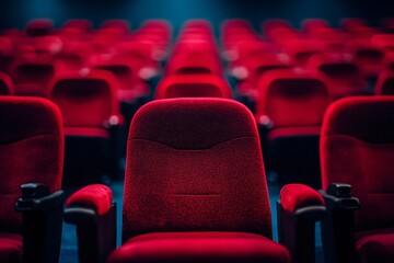 Obraz premium Inside the cinema: Empty rows of luxurious red chairs await an audience