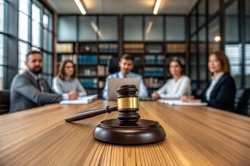 Judge’s gavel with legal professionals having a team meeting in a law firm. Concept of legal services and justice. (Law)