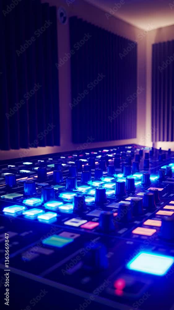 Poster low-angle shot of a dimly lit audio mixing console with colorful buttons, creating a moody atmospher