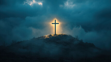 Fototapeta premium Christian Cross Illuminated Through Fog