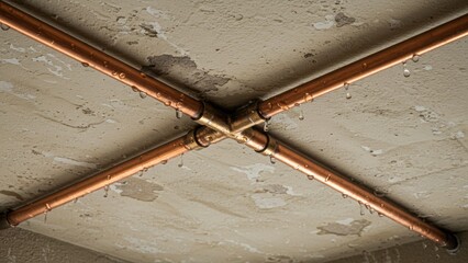 Copper pipes leak onto a damaged ceiling, showing water damage and moisture.