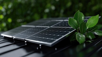 Fototapeta premium Solar panels with fresh leaves. Sustainable energy