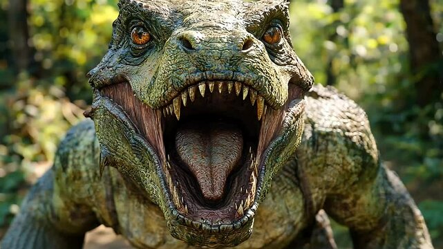 Dinosaur close-up. Scales, teeth, and textured tongue visible. Green foliage background